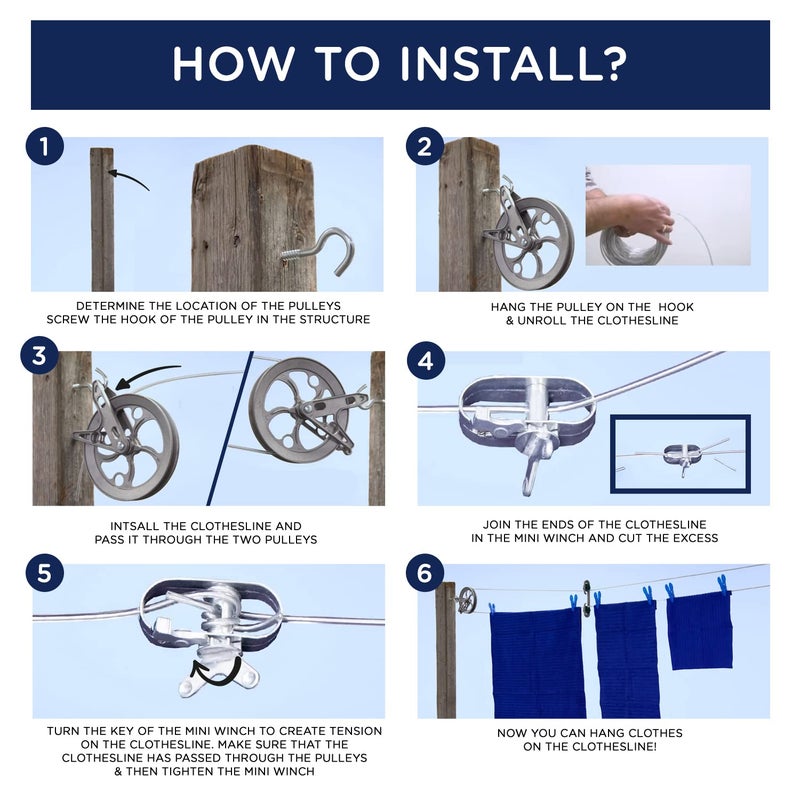 Strata Urban Grey Harmony Clothesline Outdoor Heavy Duty Kit - 150 Feet Galvanized Wire PVC Coating, 6.5" Clothesline Pulley 2pcs, Metal Mini Winch Tightener 1pc & 2 Metal Hooks - Image 5